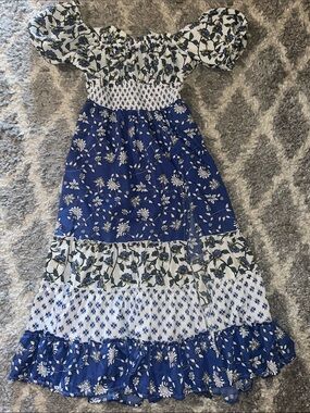 indulge Blue and White Floral Tiered Off-Shoulder Dress